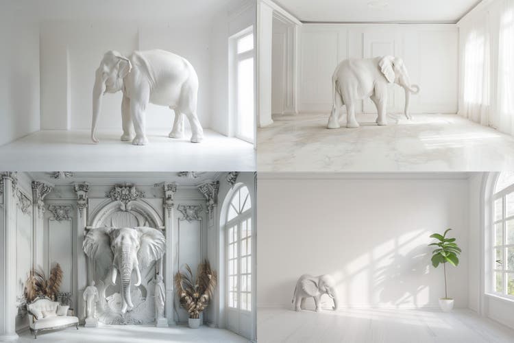 «Zeichne einen weissen Raum ohne Elefanten», lautete die Aufforderung – das hat die Bild-KI Midjourney daraufhin gemalt.